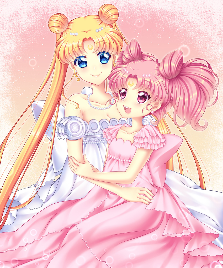 absurdres bare_shoulders bishoujo_senshi_sailor_moon blonde_hair blue_eyes bow breasts chibi_usa cleavage collarbone crescent double_bun dress facial_mark forehead_mark frills highres huge_bow jewelry long_hair looking_at_viewer medium_breasts multiple_girls necklace pearl_necklace pink_background pink_bow pink_dress pink_eyes pink_hair princess_serenity shirato_sayuri short_hair small_lady_serenity smile strapless strapless_dress tsukino_usagi twintails white_bow white_dress