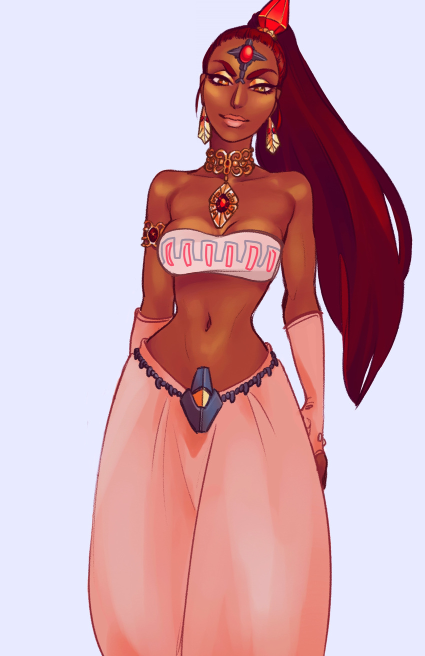 armlet breasts cleavage dark_skin earrings eyebrows fingerless_gloves gerudo gloves high_ponytail highres jewelry medium_breasts midriff nabooru navel ponytail protected_link red_hair solo the_legend_of_zelda the_legend_of_zelda:_ocarina_of_time thick_eyebrows yellow_eyes