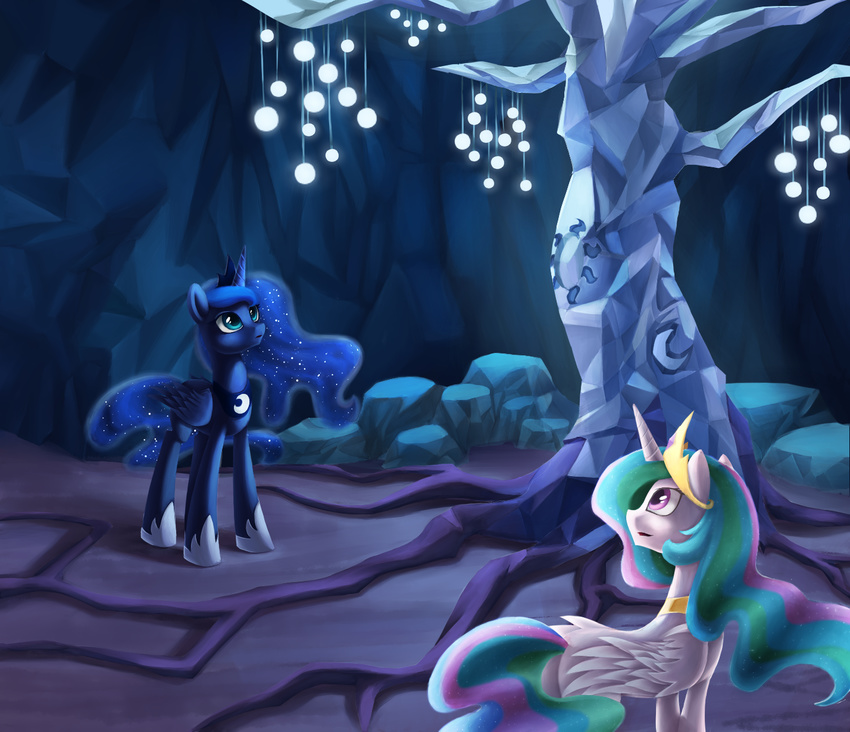 blue_eyes blue_feathers blue_fur blue_hair chryseum detailed_background duo equine feathered_wings feathers female feral friendship_is_magic fur hair hooves horn horse mammal multicolored_hair my_little_pony pink_eyes pony princess_celestia_(mlp) princess_luna_(mlp) sibling sisters standing tree underground white_feathers white_fur winged_unicorn wings