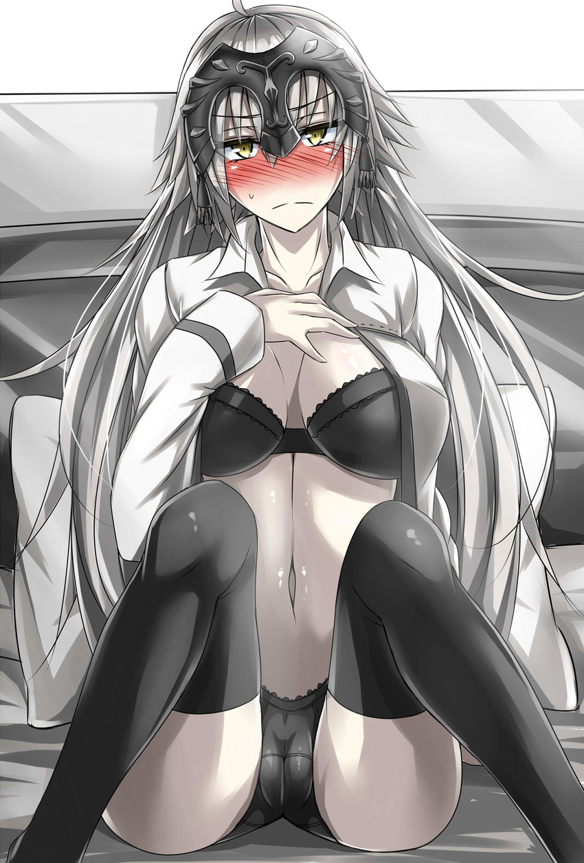 1girl alternate_costume blush breasts cleavage fate/grand_order fate_(series) headpiece jeanne_alter long_hair long_sleeves looking_at_viewer open_clothes pillow ruler_(fate/apocrypha) ruler_(fate/grand_order) sanmotogoroo shirt silver_hair solo thighhighs very_long_hair white_shirt yellow_eyes