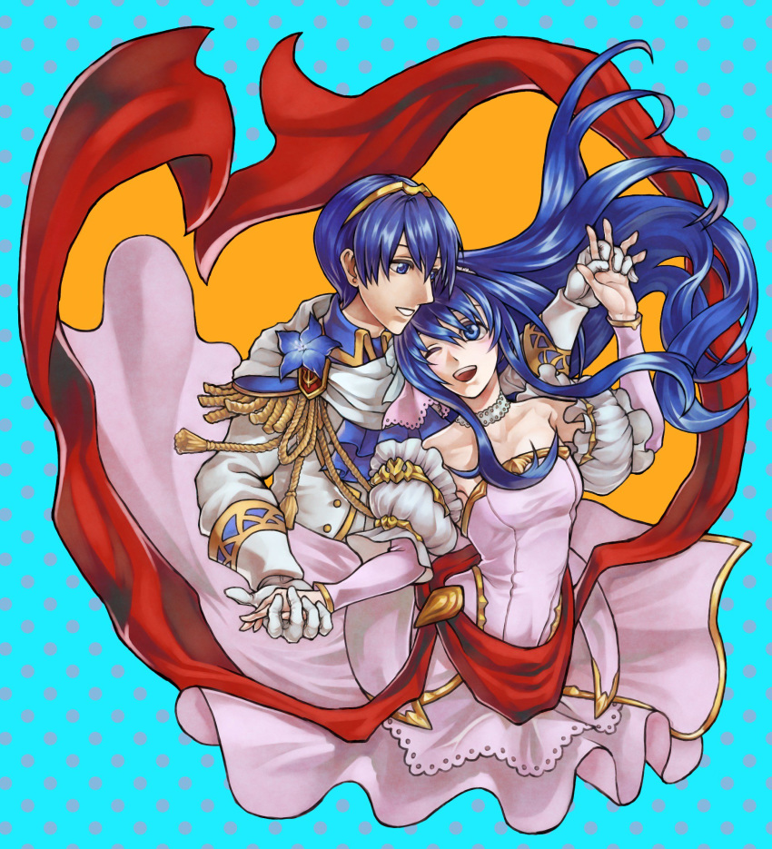 1boy 1girl armor bare_shoulders blue_eyes blue_hair blush bouquet bridal_veil bride couple dress elbow_gloves fingerless_gloves fire_emblem fire_emblem:_monshou_no_nazo fire_emblem_heroes flower formal gloves groom hair_flower hair_ornament hetero highres husband_and_wife jewelry long_hair marth necklace nintendo open_mouth pegasus_knight rose sheeda smile strapless strapless_dress suit tamaro_pompom tiara tuxedo veil wedding wedding_dress white_dress white_flower white_gloves white_suit