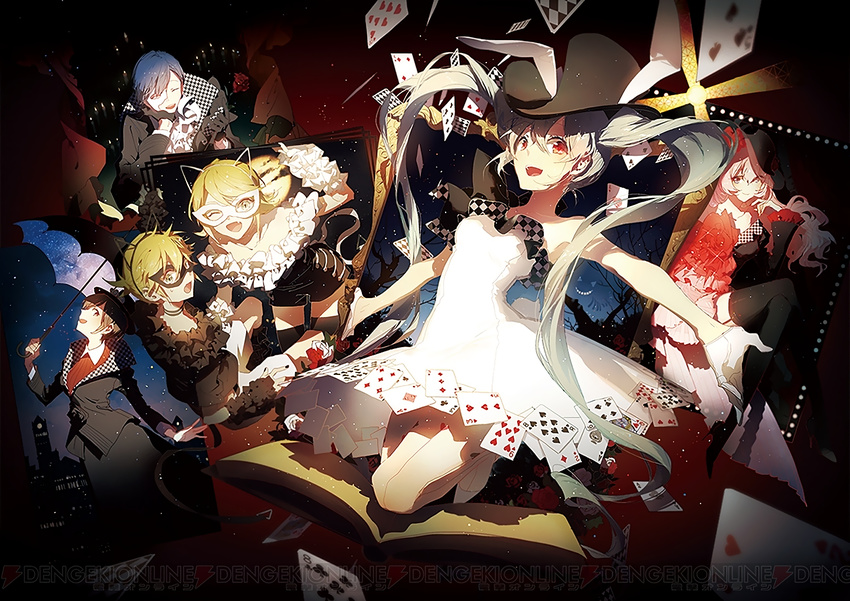 4girls animal_ears asymmetrical_clothes bad_id bad_tumblr_id black_gloves black_hat black_legwear blonde_hair book brown_hair bunny_ears bunny_tail card cat_ears checkered cheshire_cat choker closed_eyes closed_mouth crossed_legs dress flower frilled_dress frills gloves half_mask hat hatsune_miku high_heels holding holding_flower holding_umbrella jpeg_artifacts jumping kagamine_len kagamine_rin kaito long_sleeves looking_at_viewer megurine_luka meiko multiple_boys multiple_girls one_eye_closed open_book open_mouth picture_frame pink_hair project_diva_(series) project_diva_x red_eyes rella rose shorts smile tail thighhighs top_hat umbrella vocaloid white_dress white_gloves