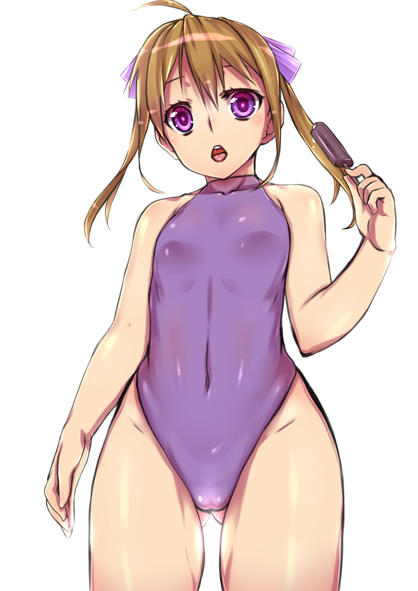 ahoge ass_visible_through_thighs bad_id bad_pixiv_id blonde_hair chiha_(abo_ecm_mk25) covered_navel food hair_ribbon highres long_hair one-piece_swimsuit original popsicle purple_eyes purple_swimsuit ribbon solo standing swimsuit twintails