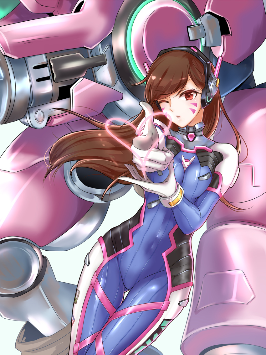 ;) absurdres animal_print arm_cannon armor bangs bodysuit boots bracer breasts brown_eyes brown_hair bunny_print covered_navel cowboy_shot d.va_(overwatch) eyebrows eyebrows_visible_through_hair facepaint facial_mark finger_gun gloves headphones highres long_hair long_sleeves mecha medium_breasts meka_(overwatch) one_eye_closed overwatch parted_lips pauldrons pilot_suit pointing pointing_at_viewer shoulder_pads skin_tight smile solo swept_bangs thigh_boots thigh_gap thigh_strap thighhighs weapon whisker_markings white_gloves zhangyu_zi