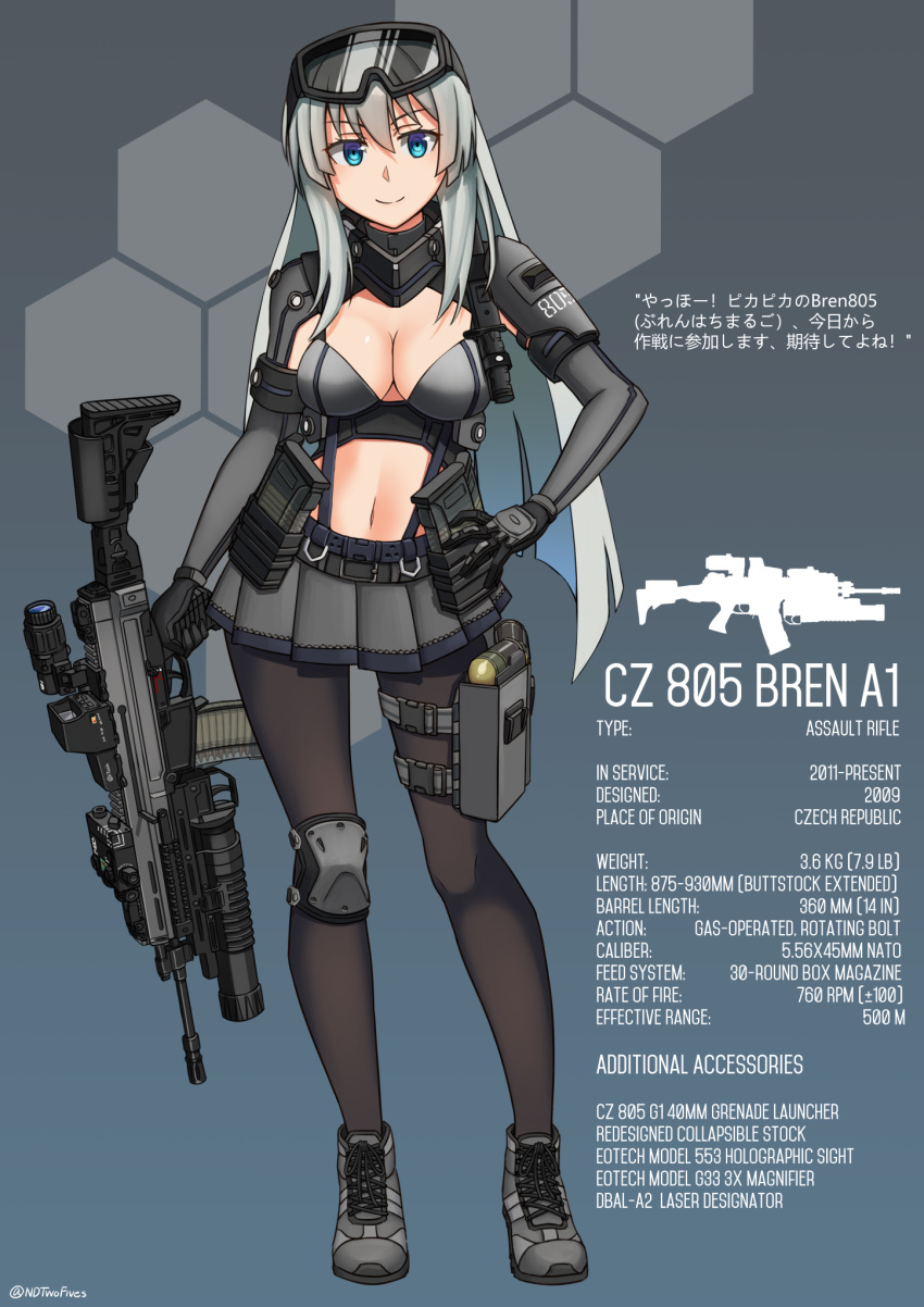 black-framed_eyewear blue_background blue_eyes boots breasts cleavage cleavage_cutout commentary_request cz-805 cz-805_(girls_frontline) eyebrows_visible_through_hair fingerless_gloves girls_frontline gloves goggles goggles_on_head grenade_launcher grey_hair grey_skirt gun high_heels highres holding holding_gun holding_weapon knee_pads long_hair looking_at_viewer medium_breasts navel ndtwofives pantyhose patterned_background skirt smile solo standing thigh_strap title weapon white_hair