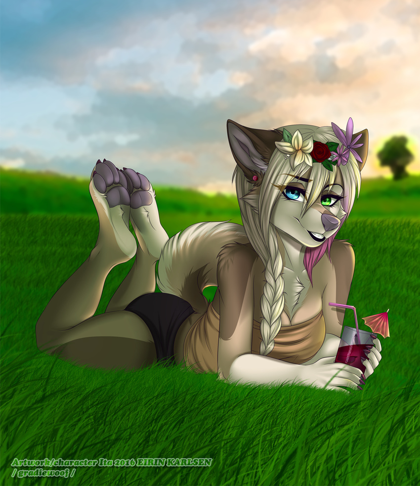 2016 4_toes 5_fingers anthro blue_eyes braided_hair breasts canine chest_tuft clothed clothing day detailed_background female fur gradiewoof grass green_eyes hair heterochromia ita looking_at_viewer lying mammal outside pawpads sky smile solo toes tuft wolf