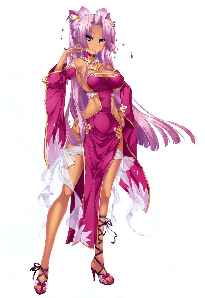 absurdres bare_shoulders blue_eyes breasts cleavage cleavage_cutout dark_skin detached_sleeves dress full_body hair_ornament hand_on_hip highres hikage_eiji jewelry koihime_musou large_breasts long_hair looking_at_viewer mole mole_under_mouth necklace non-web_source pelvic_curtain pink_hair ponytail revealing_clothes shoes side_slit smile solo sonsaku very_long_hair white_background