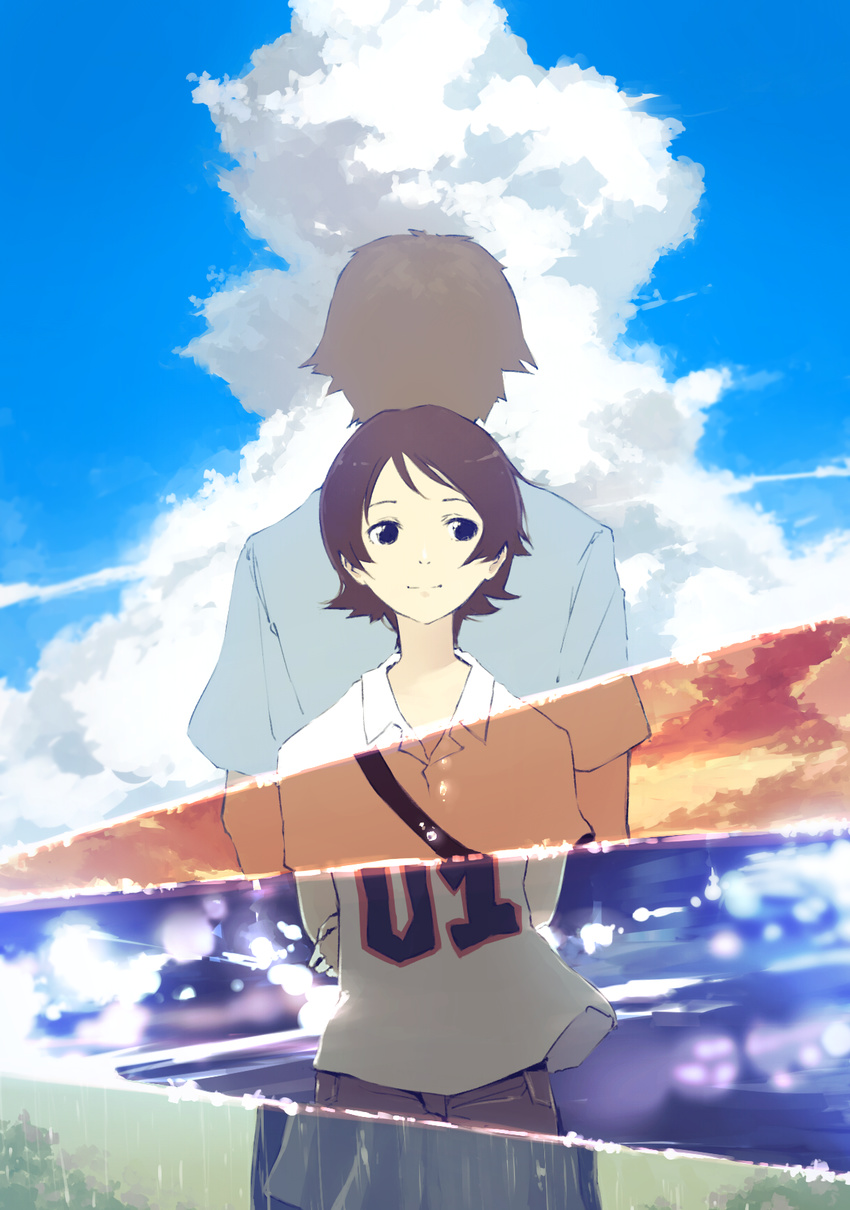 1girl arms_at_sides arms_behind_back back-to-back bag blue_sky brown_eyes brown_hair closed_mouth clothes_writing cloud cloudy_sky collared_shirt commentary_request day day_and_night dusk height_difference highres holding_arm konno_makoto looking_away looking_to_the_side mamiya_chiaki minamito number rain revealing_cutout school_uniform shirt short_hair short_sleeves sideways_glance skirt sky smile t-shirt toki_wo_kakeru_shoujo twilight white_shirt