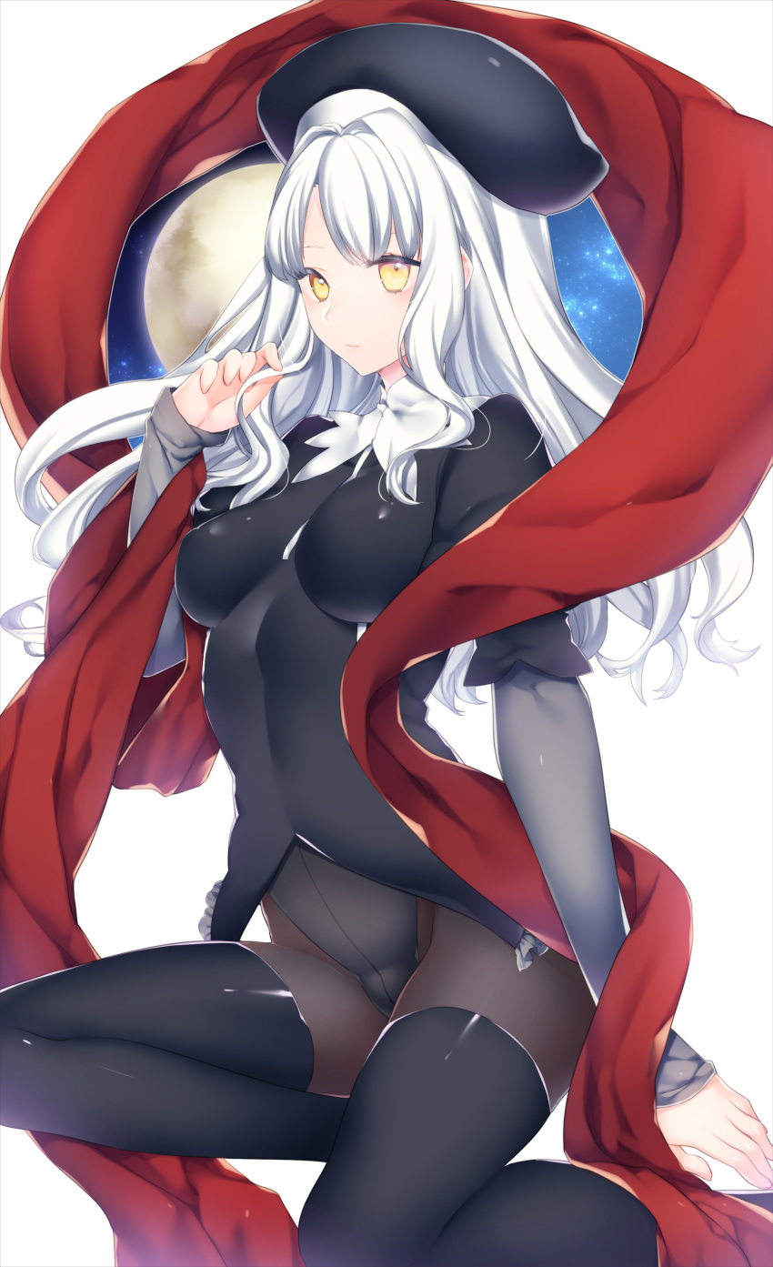 1girl absurdres black_bodysuit black_hat black_legwear bodysuit breasts breasts_apart caren_hortensia erect_nipples fate/hollow_ataraxia fate_(series) floating_hair hat highres long_hair long_sleeves medium_breasts red_sash shiny shiny_clothes short_over_long_sleeves short_sleeves silver_hair simple_background solo thighhighs white_background yellow_eyes yutazou