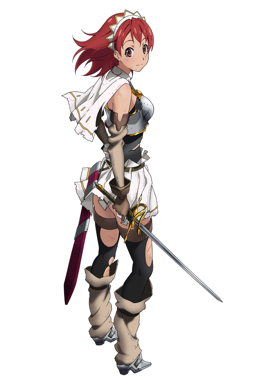absurdres artist_request capelet cecily_cambell headdress highres official_art red_eyes red_hair seiken_no_blacksmith sheath simple_background skirt solo source_request sword thighhighs torn_clothes torn_legwear weapon