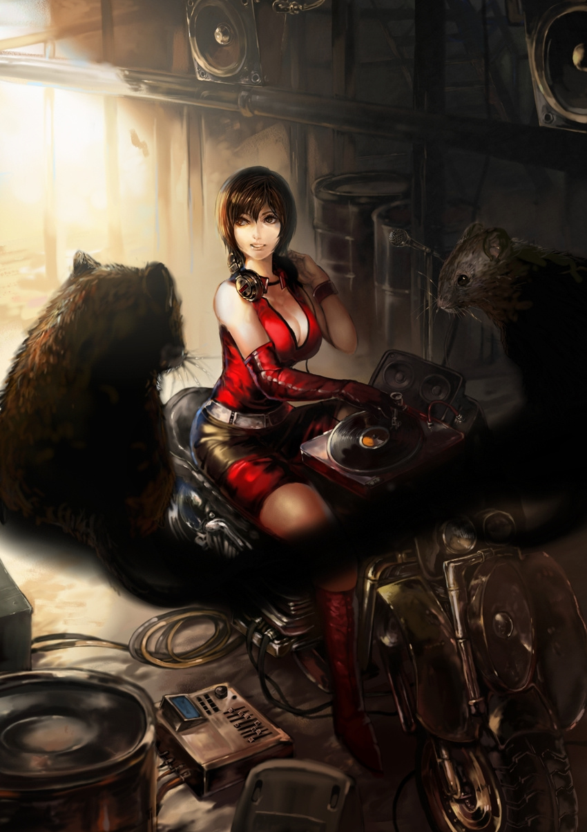 animal breasts brown_hair cleavage dj eel_(artist) gloves ground_vehicle headphones highres large_breasts meiko motor_vehicle motorcycle perspective phonograph rat realistic red shorts solo turntable vocaloid