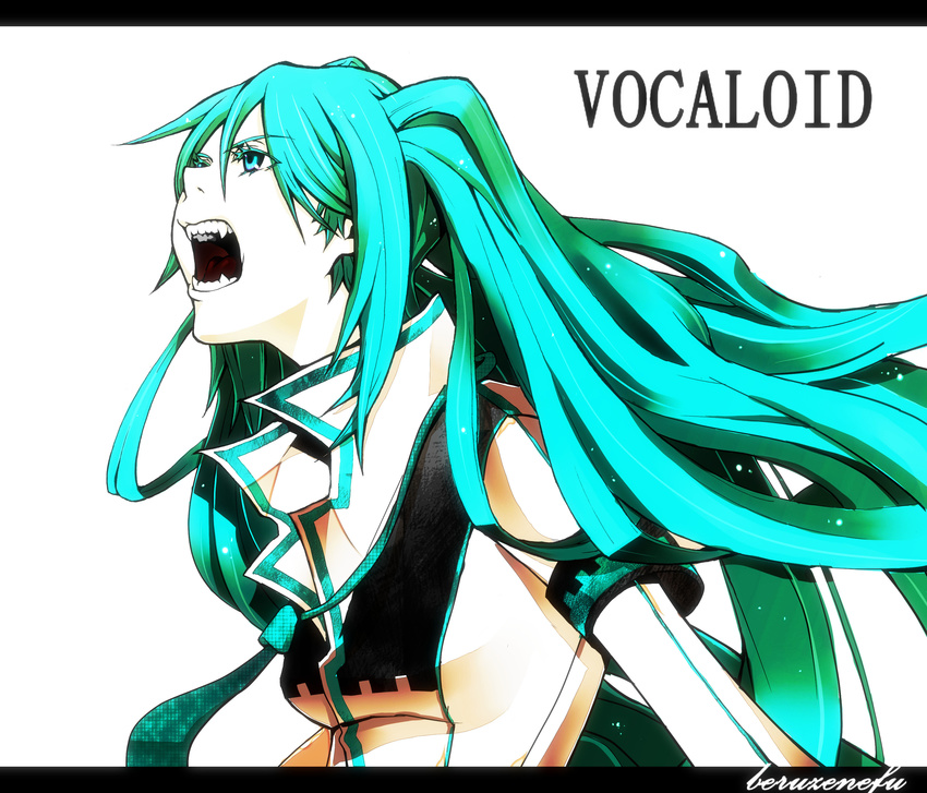 absurdres aqua_eyes aqua_hair bad_id bad_pixiv_id colored_eyelashes english eyelashes fangs hatsune_miku highres letterboxed long_hair open_mouth popped_collar simple_background solo velzhe vocaloid