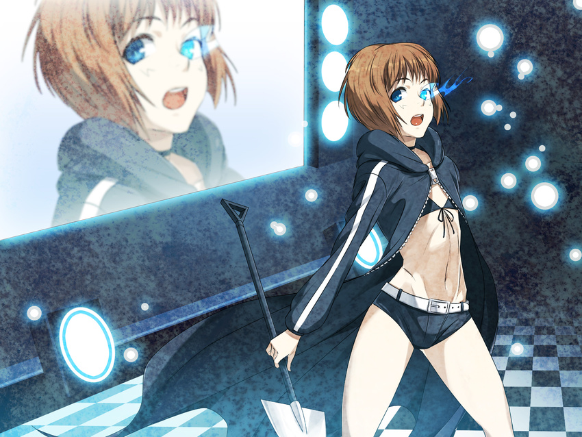 bikini_top black_rock_shooter black_rock_shooter_(character) black_rock_shooter_(character)_(cosplay) blue_eyes brown_hair burning_eye cosplay hagiwara_yukiho highres idolmaster idolmaster_(classic) nbo short_hair shorts shovel solo zoom_layer