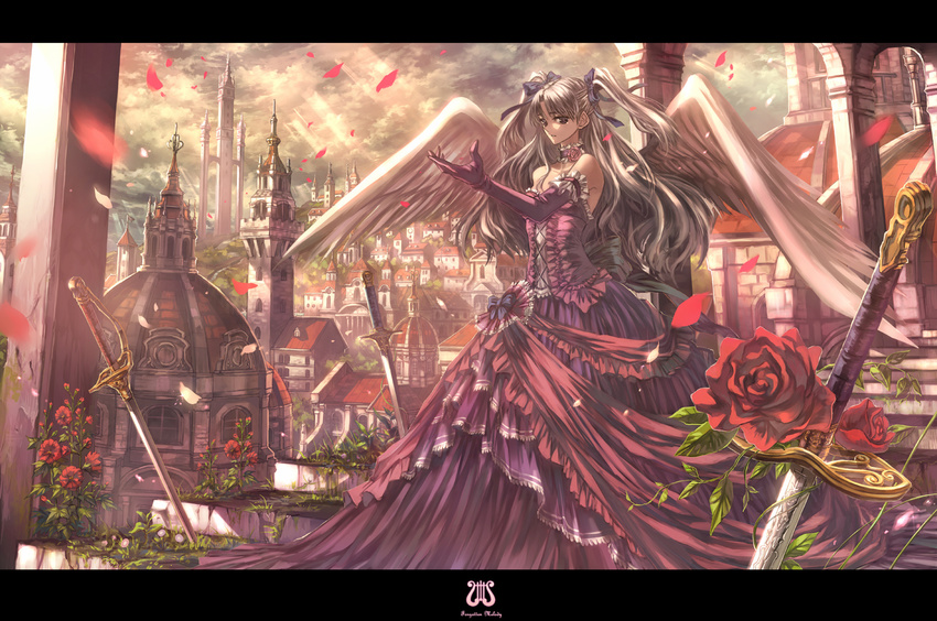 aioka angel_wings bad_id bad_pixiv_id bow brown_eyes brown_hair city cityscape dome dress elbow_gloves erendis eternita flower gloves hair_ribbon petals rapier red_flower red_rose ribbon rose rose_petals scenery solo stairs sword tower twintails weapon wings