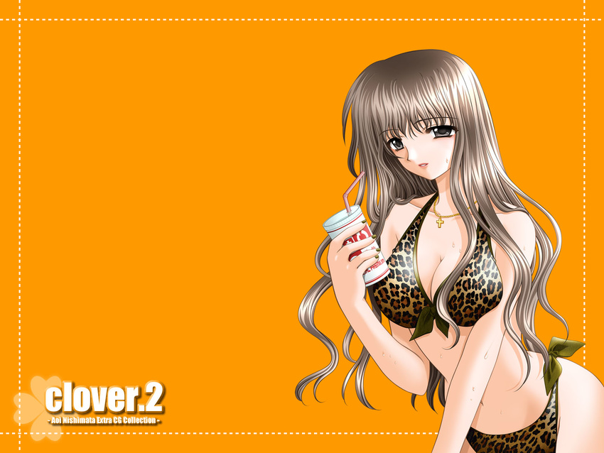 animal_print bikini breasts brown_hair cleavage clover_(game_cg) highres jewelry large_breasts leopard_print long_hair necklace nishimata_aoi solo swimsuit wallpaper