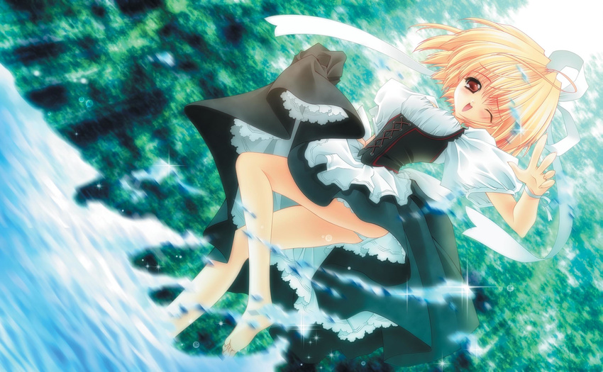 amamiya_poran barefoot blonde_hair brown_eyes highres moldavite short_hair solo stella_arista water