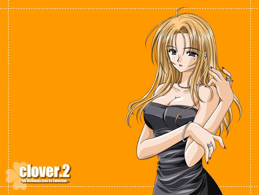 ahoge artist_name bare_arms black_dress blonde_hair blue_eyes bracelet breasts cleavage clover_(game_cg) collarbone copyright_name covered_nipples dress earrings highres jewelry large_breasts lipstick long_hair looking_at_viewer makeup mole mole_under_eye nail_polish necklace nishimata_aoi orange_background parted_lips red_lipstick red_nails ring simple_background solo strapless strapless_dress stud_earrings wallpaper