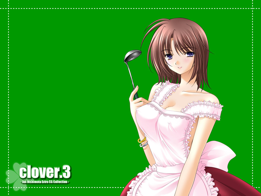 apron artist_name bangs bare_arms blue_eyes blush bracelet breasts brown_hair cleavage clover_(game_cg) collarbone copyright_name covered_nipples frilled_apron frills green_background highres holding jewelry ladle looking_at_viewer medium_breasts nishimata_aoi no_bra short_hair simple_background skirt smile solo strap_slip wallpaper
