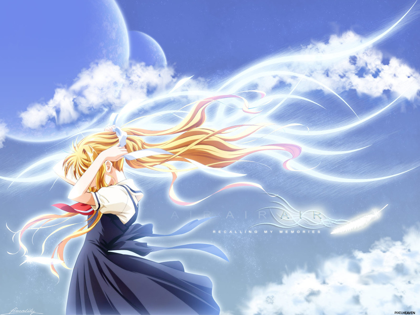 air armlet armpits arms_up bare_shoulders black_dress blonde_hair blue_dress blue_sky cloud covered_eyes day dress edited fantasy feathers feet_out_of_frame floating_hair from_side hair_ribbon hair_undone hands_up highres kamio_misuzu kobayashi_akemi long_hair moon parted_lips pinafore_dress planet profile red_neckwear ribbon school_uniform short_sleeves sidelocks sky solo standing third-party_edit untying upper_body very_long_hair wallpaper white_ribbon wind