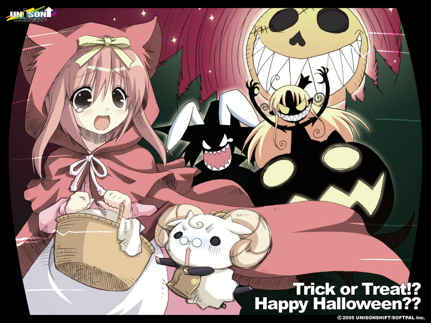 akihime_sumomo animal_ears artist_request bell blush cat_ears forest glasses halloween happy_halloween highres jack-o'-lantern melissa_seraphy moon multiple_girls nanatsuiro_drops nature pink_hair pumpkin purple_eyes ribbon scared star tears trick_or_treat waga_mama_capriccio wallpaper yuki-chan