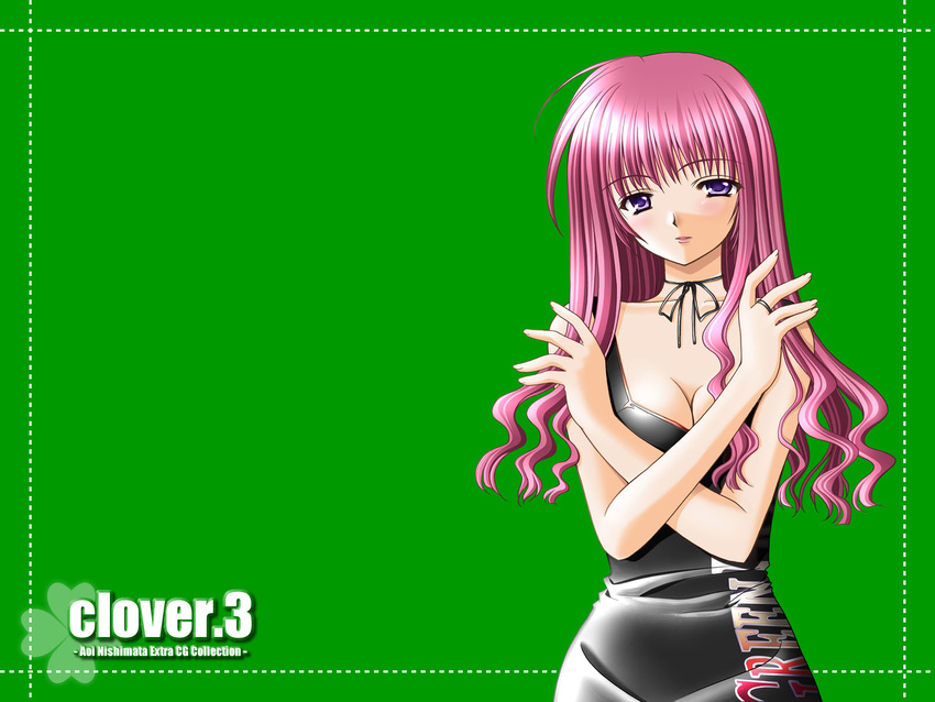 artist_name bangs bare_arms blush breasts choker cleavage clothes_writing clover_(game_cg) copyright_name green_background highres jewelry long_hair looking_at_viewer medium_breasts nishimata_aoi parted_lips pink_hair purple_eyes ribbon_choker ring simple_background solo wallpaper wavy_hair