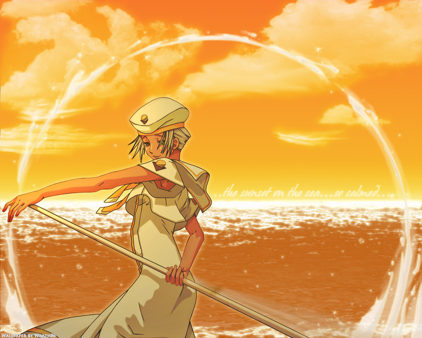 amano_kozue aria armpit_peek armpits athena_glory cloud dark_skin hat oar ocean orange_(color) orange_planet_uniform pole short_hair silver_hair sky smile solo sunset uniform wallpaper water