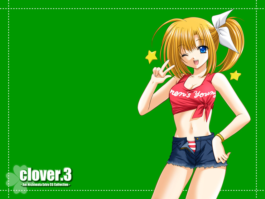 blonde_hair blue_eyes clover_(game_cg) crop_top denim denim_skirt highres midriff nishimata_aoi one_eye_closed open_fly short_hair skirt solo star unzipped wallpaper