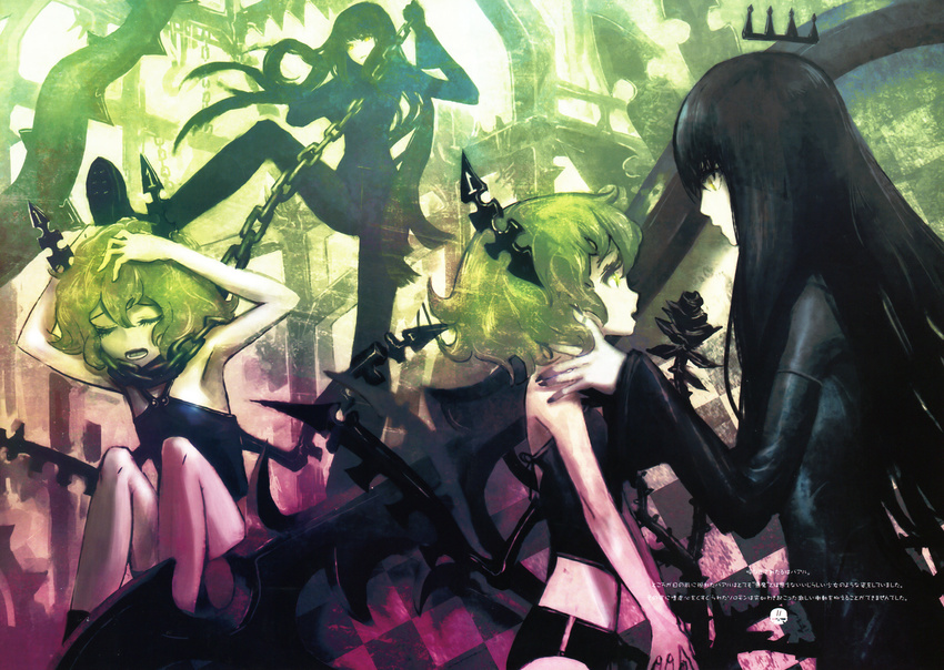 black_hair black_rock_shooter dragon_slayer gloves green_eyes green_hair highres huke multiple_girls official_art shorts yellow_eyes yuri