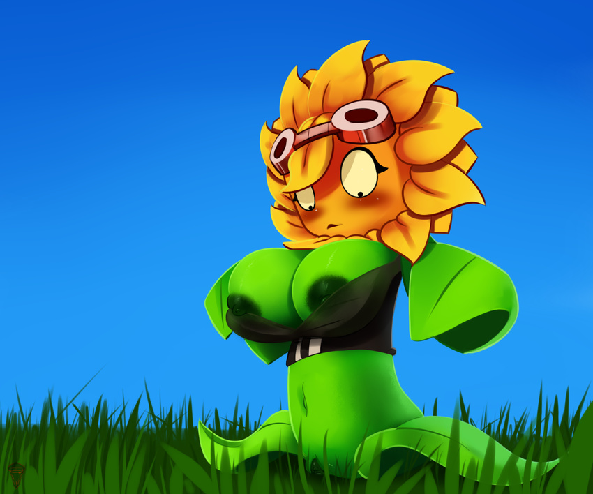 big_breasts blush breasts cleavage clothed clothing eyelashes eyewear female flora_fauna flower goggles mrdoccon nipples not_furry plant plants_vs_zombies pussy shirt solar_flare_(plants_vs_zombies) solo sunflower wide_eyed