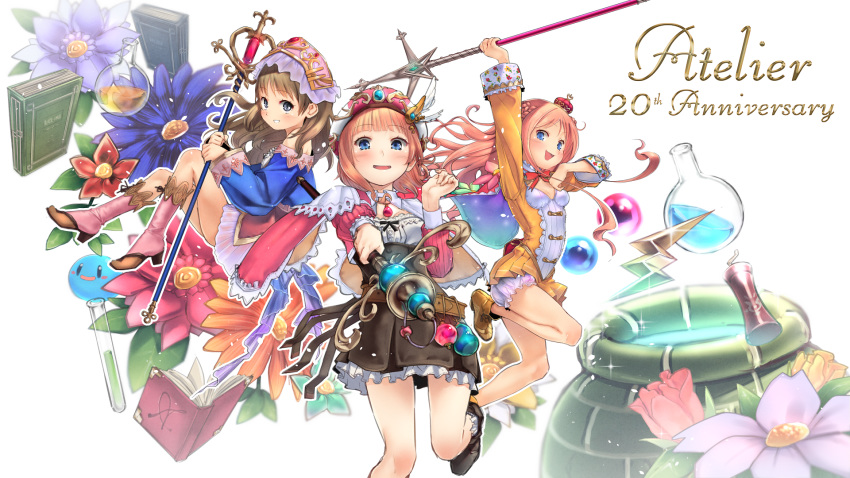 3girls anniversary atelier_(series) atelier_meruru atelier_rorona atelier_totori bare_legs bloomers blue_eyes book boots brown_footwear brown_hair brown_skirt capelet cauldron copyright_name crown flask flower hat highres holding holding_staff knee_boots long_hair looking_at_viewer merurulince_rede_arls mini_crown multiple_girls pink_footwear pink_hair puni_(atelier) rororina_fryxell shoes short_hair simple_background skirt smile staff sumi_(oyasumie) totooria_helmold underwear white_background white_bloomers white_skirt yellow_skirt