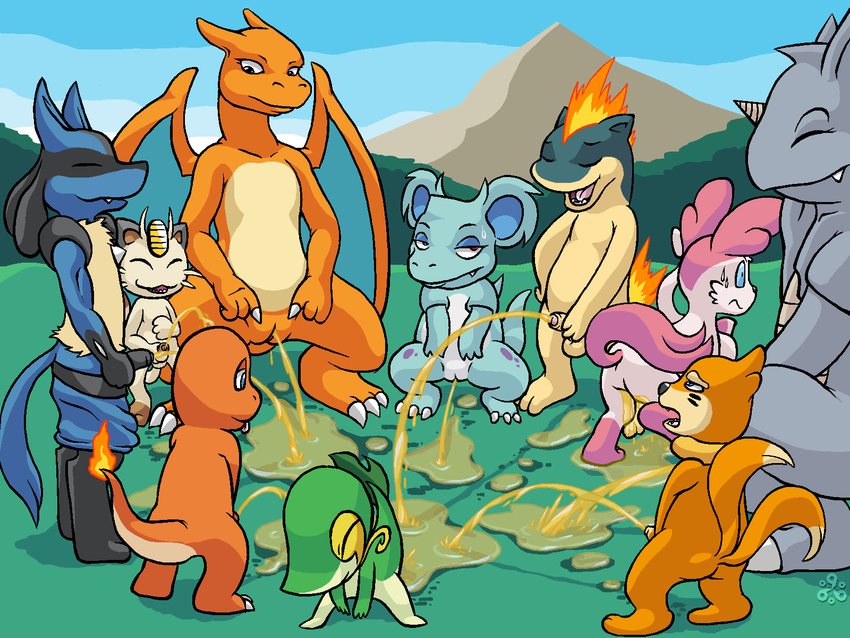 2016 aliasing ambiguous_gender anthro balls blue_eyes buizel butt canine charizard charmander claws clothed clothing detailed_background digital_media_(artwork) dragon eeveelution eyes_closed feline female feral fire fur grass group grumpyvulpix happy hi_res horn lucario male mammal membranous_wings meowth multi_tail multicolored_fur nervous nidorina nintendo nude open_mouth outside pants pants_down partially_clothed partially_retracted_foreskin paws peeing penis pink_fur pok&eacute;mon pussy quilava red_eyes reptile rhydon scalie signature smile snivy standing sweat sylveon teeth tongue tongue_out two_tone_fur uncut urine urine_pool video_games white_fur wings