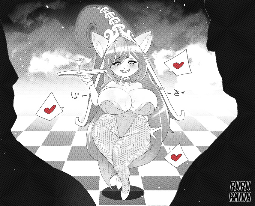 1girl breasts cleavage fishnet_legwears fishnet_stockings hat huge_breasts league_of_legends leotard lulu_(league_of_legends) monochrome pointy_ears thick_thighs thighs yordle