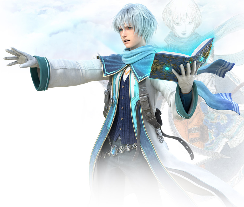 3d amano_yoshitaka blue_hair book cloud coat final_fantasy final_fantasy_brave_exvius gloves green_eyes male_focus nichol_(ff_be) official_art open_mouth scarf simple_background solo white_background