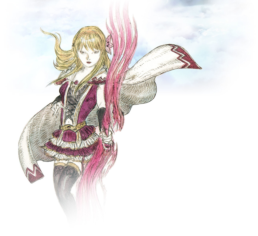amano_yoshitaka blonde_hair bow_(weapon) brown_eyes cape fina_(ff_be) final_fantasy final_fantasy_brave_exvius flower hair_flower hair_ornament highres long_hair navel official_art simple_background skirt solo weapon white_background