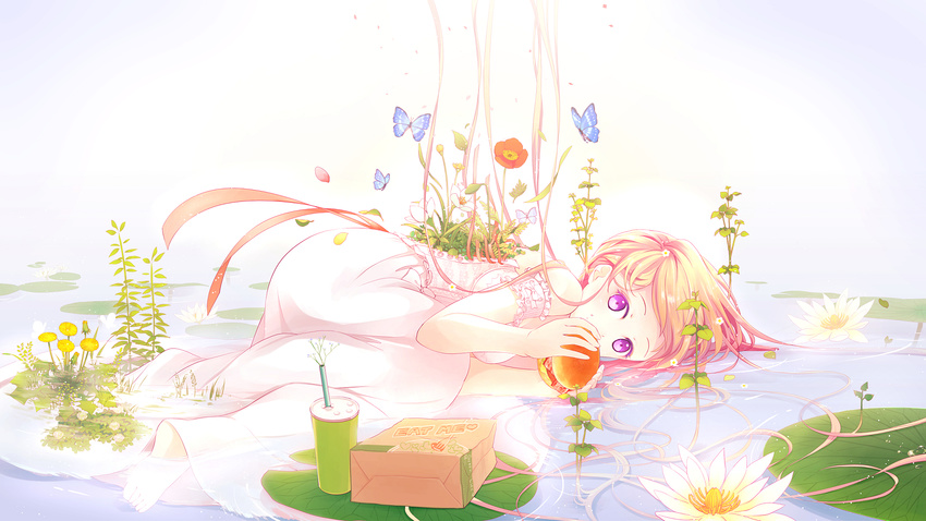 ahira_yuzu bag bare_shoulders barefoot breasts bug butterfly corset cup dandelion disposable_cup dress drinking_straw english flower food full_body hamburger heart highres holding holding_food insect lily_pad long_hair looking_at_viewer lotus lying medium_breasts on_side orange_hair original paper_bag partially_submerged petals poppy_(flower) purple_eyes solo water white_dress