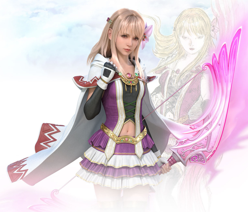 3d amano_yoshitaka blonde_hair bow_(weapon) cape cloud fina_(ff_be) final_fantasy final_fantasy_brave_exvius fingerless_gloves flower gloves hair_flower hair_ornament hairclip long_hair navel official_art red_eyes simple_background skirt solo weapon white_background