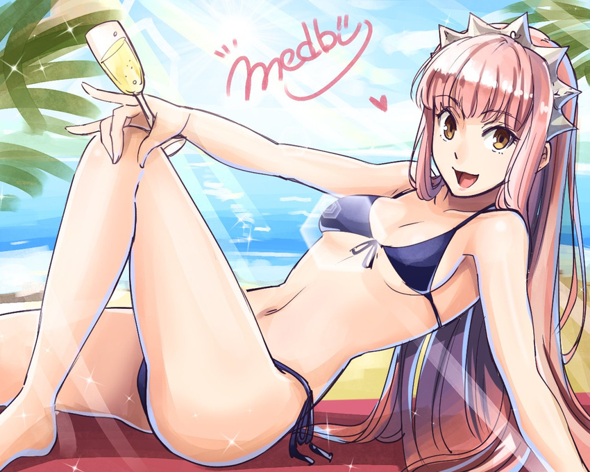 alcohol bad_id bad_twitter_id bangs beach bikini blunt_bangs breasts champagne champagne_flute character_name cup drinking_glass fate/grand_order fate_(series) front-tie_bikini front-tie_top full_body heart holding long_hair looking_at_viewer medb_(fate)_(all) medb_(fate/grand_order) medium_breasts navel ocean open_mouth pink_hair purple_bikini shimo_(s_kaminaka) side-tie_bikini smile solo stomach swimsuit tiara yellow_eyes