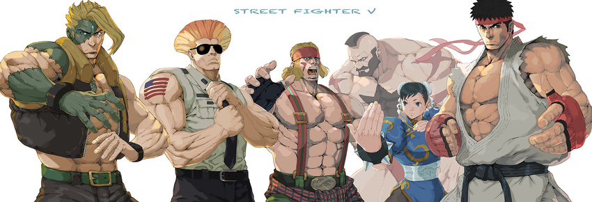 5boys alex_(street_fighter) american_flag black_hair blonde_hair blue_dress blue_eyes bracelet briefs brown_hair charlie_nash chest_hair china_dress chinese_clothes chun-li clenched_hand commentary_request copyright_name dougi dress fighting_stance fingerless_gloves flattop forehead_jewel glasses gloves guile headband highres jewelry mohawk multiple_boys muscle nt_(gun-ash) open_clothes open_mouth open_vest rimless_eyewear ryuu_(street_fighter) scar shirt shirtless sleeveless sleeveless_shirt spiked_bracelet spikes street_fighter street_fighter_v sunglasses suspenders tattoo underwear vest zangief zombie