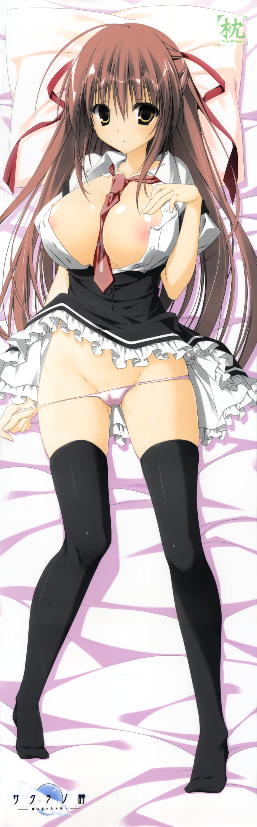 :o absurdres areola_slip areolae between_breasts black_legwear breasts brown_hair collarbone collared_shirt dakimakura from_above full_body groin hand_on_own_chest highres huge_filesize inugami_kira large_breasts long_hair looking_at_viewer looking_up lying misakura_rin necktie necktie_between_breasts on_back open_clothes open_shirt panties panty_pull parted_lips pillow puffy_short_sleeves puffy_sleeves pulled_by_self red_neckwear sakura_no_uta school_uniform shiny shiny_skin shirt short_sleeves skindentation skirt solo tareme thighhighs unbuttoned unbuttoned_shirt underwear white_panties wing_collar yellow_eyes