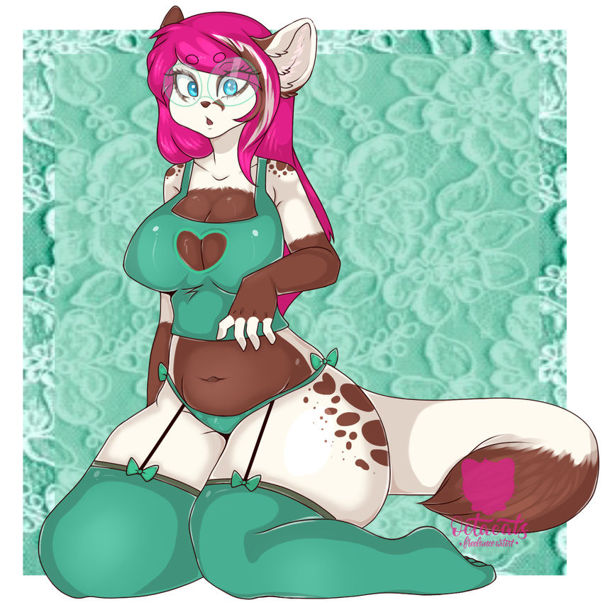 anthro big_breasts big_thighs breasts clothing digital_media_(artwork) eyewear fan_character female furaffinity glasses huge_breasts legwear mammal octacats shy solo sparkle_dog stockings ych