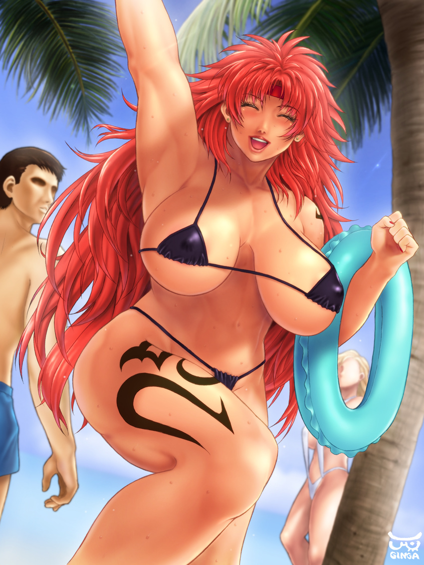 2girls bikini blush breasts erect_nipples eyes_closed ginga_azuma huge_breasts large_breasts long_hair multiple_girls open_mouth queen's_blade red_hair risty smile swimsuit tattoo