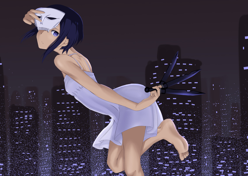 barefoot blue_eyes blue_hair building dress fate/prototype fate/prototype:_fragments_of_blue_and_silver fate_(series) feet hassan_of_serenity_(fate) highres knife looking_at_viewer mukade_(siieregannsu) removing_mask short_hair skyscraper solo standing standing_on_one_leg sundress