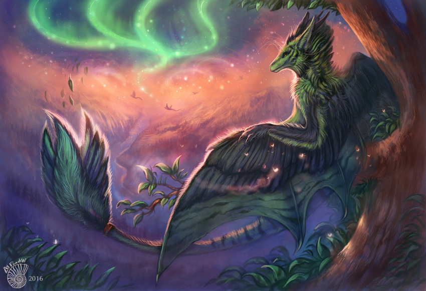 2016 ambiguous_gender aura day detailed_background dragon feathered_dragon feathered_wings feathers flashw fur green_eyes green_feathers green_fur horn membranous_wings outside smile solo tree wings