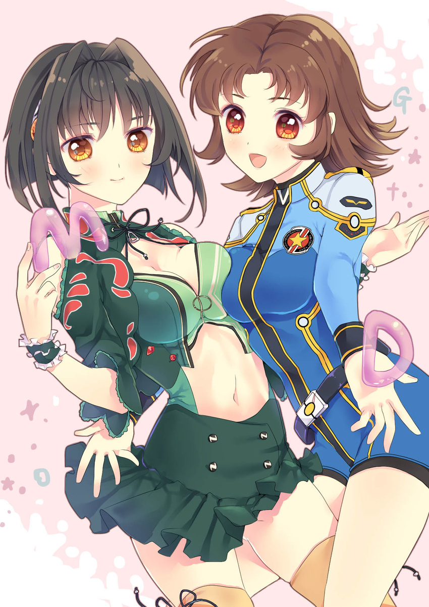 :d akimi_akatsuki_(female) asymmetrical_docking black_hair blush breast_press breasts brown_hair cleavage commentary_request eri. highres katia_grineal light_brown_eyes medium_breasts multiple_girls navel navel_cutout open_mouth red_eyes short_hair smile super_robot_wars_gc super_robot_wars_judgement super_robot_wars_og_moon_dwellers thighhighs wristband