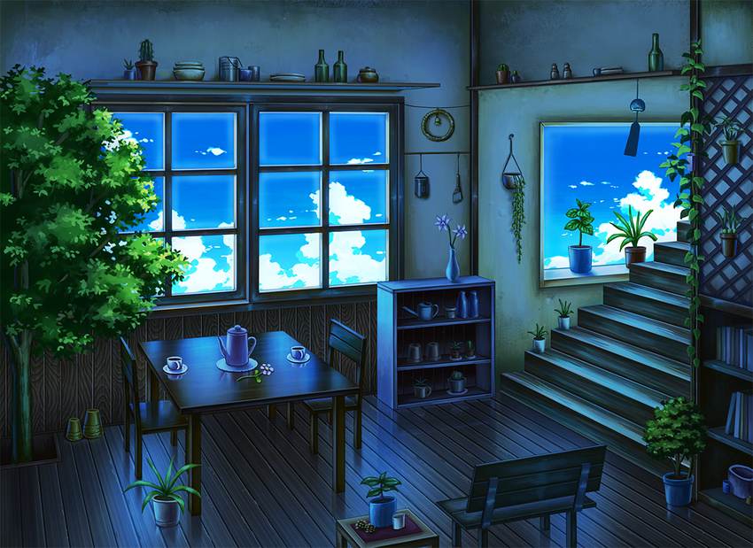 blue book bookshelf bottle cactus chair cup day flower graphite_(medium) kettle mechanical_pencil mizuasagi no_humans original pencil plant plate potted_plant scenery shelf sky stairs summer table tea teacup traditional_media tree vase vines wind_chime window