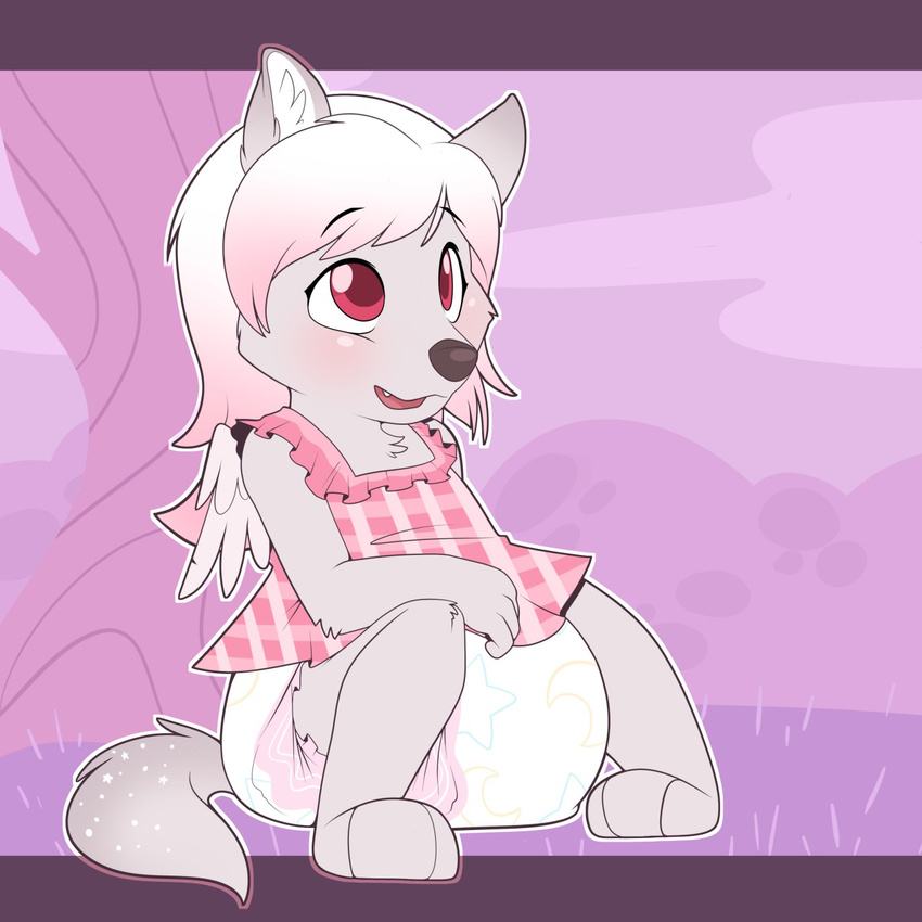 anthro blush canine clothing cub cuddlehooves diaper female fur grey_fur hair mammal open_mouth paws red_eyes simple_background solo white_hair wolf young