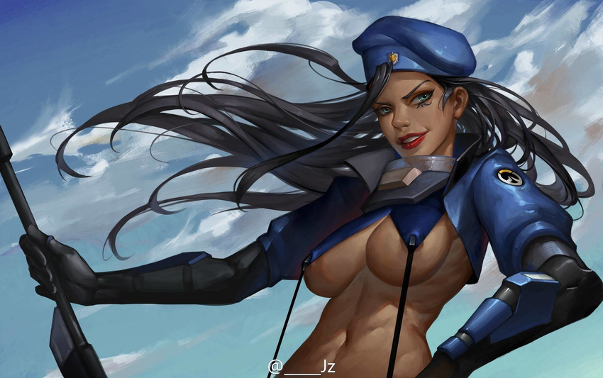 alternate_costume ana_(overwatch) armor beret black_gloves black_hair blue_jacket blue_sky breasts captain_amari cloud cloudy_sky cosplay covered_nipples dark_skin day emblem eyelashes facial_mark facial_tattoo floating_hair gauntlets gloves green_eyes gun hand_on_hip hat highres holding holding_gun holding_weapon jacket jz kamui_(kill_la_kill) kill_la_kill large_breasts lips lipstick logo long_hair long_sleeves makeup mature midriff military navel overwatch red_lips red_lipstick revealing_clothes rifle sky smile sniper_rifle solo stomach suspenders tattoo teeth underboob uniform upper_body vambraces very_long_hair weapon younger