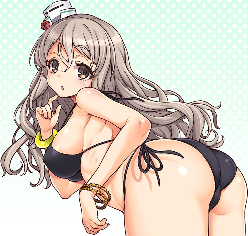 ass bangle bent_over bikini black_bikini blush bracelet breasts brown_eyes grey_hair hair_between_eyes hat jewelry kantai_collection large_breasts long_hair looking_at_viewer mini_hat open_mouth pola_(kantai_collection) polka_dot polka_dot_background solo swimsuit tilted_headwear uousa-ou wavy_hair