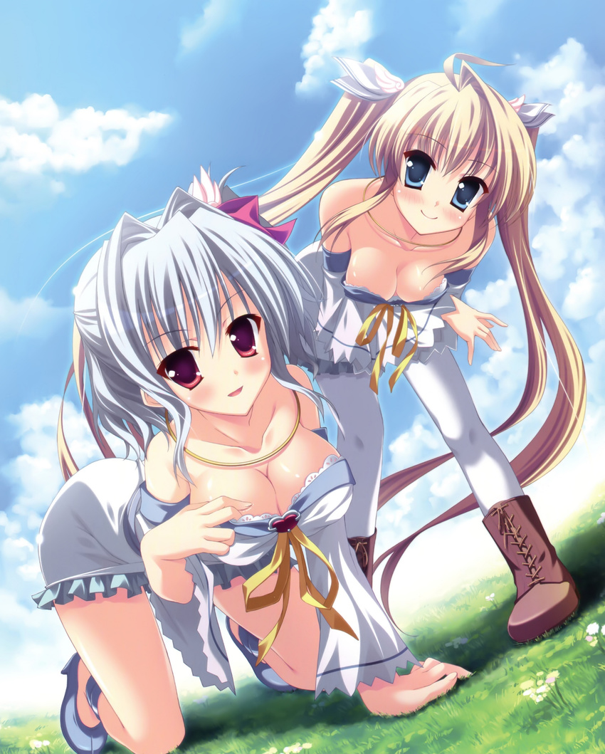 absurdres all_fours angel_ring bent_over blonde_hair blue_eyes breasts cleavage collarbone day from_below grass hair_ornament highres large_breasts long_hair medium_breasts mika_alsted_heine multiple_girls outdoors pantyhose red_eyes rukia_luminous_suiren silver_hair smile twintails white_legwear yamakaze_ran