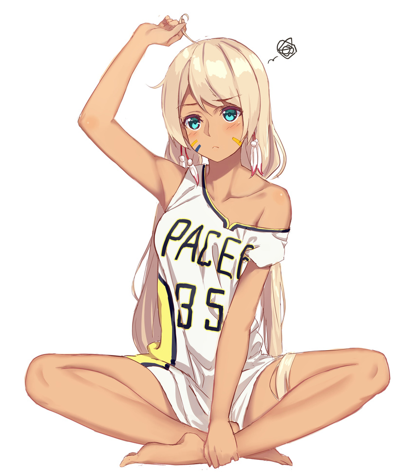 absurdres ahoge arm_up armpits bangs bare_arms bare_legs barefoot basketball_uniform blonde_hair blue_eyes blush breasts clothes_writing collarbone dark_skin earrings eyebrows eyebrows_visible_through_hair facepaint feather_earrings feathers frown full_body hand_on_ankle highres indian_style indiana_pacers indianapolis_(zhan_jian_shao_nyu) jewelry looking_at_viewer low_twintails medium_breasts national_basketball_association native_american no_pants off_shoulder parted_bangs pun simple_background sitting solo sportswear squiggle twintails white_background zhan_jian_shao_nyu zi_se